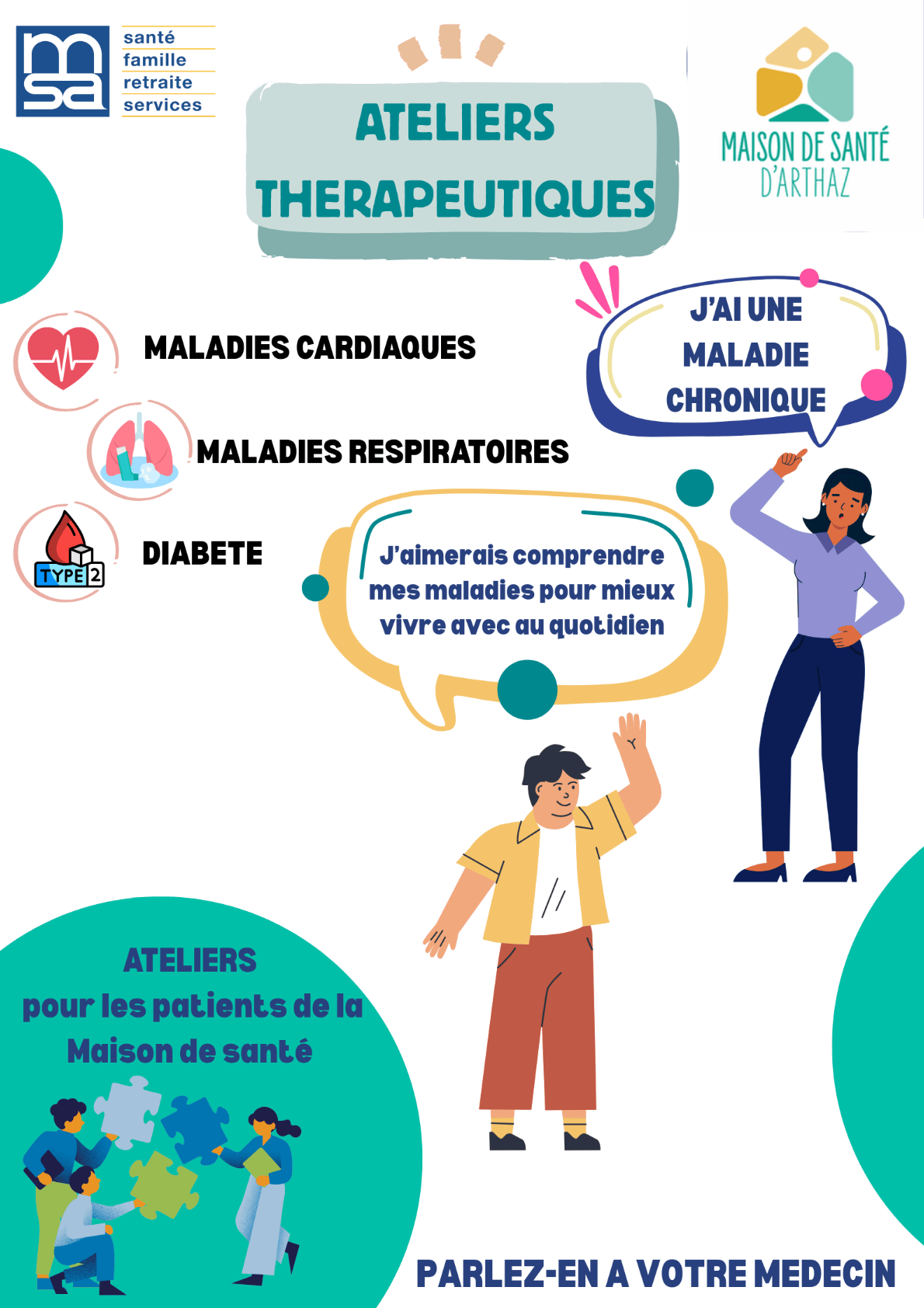 Ateliers thérapeutiques, maladies cardiaques, maladies respiratoires, diabète